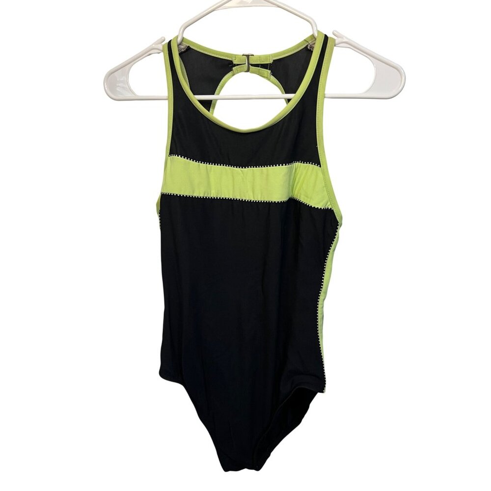 Black & Neon Green One-Piece Swimsuit With Open Back & Built-In Bra By Miraclesu
